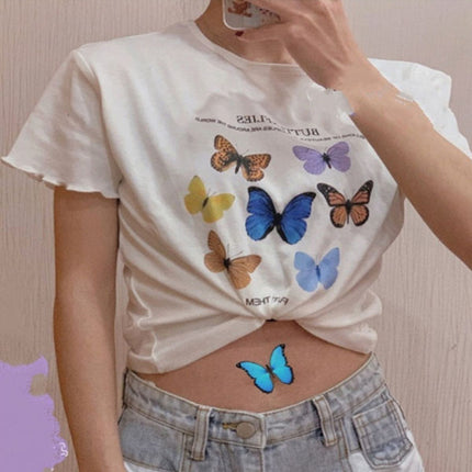 Stylish Multicolor Butterfly Round Neck Crop Top Perfect Summer Wear for Teenage