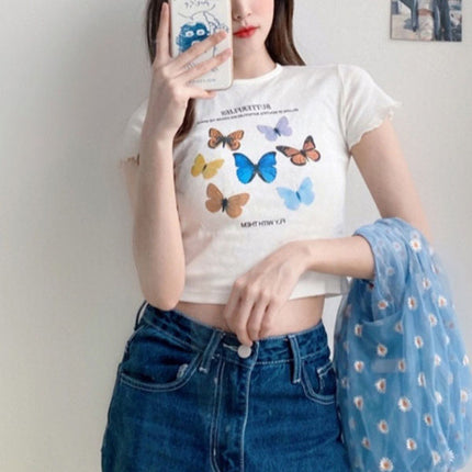 Stylish Multicolor Butterfly Round Neck Crop Top Perfect Summer Wear for Teenage