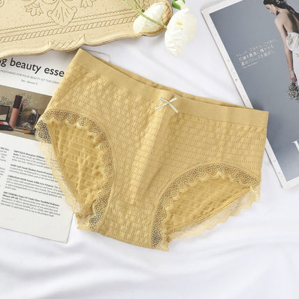 Romantic Lace French Cut Panties Slim Fit Elastic High Waist Underwear for Women - Yellow