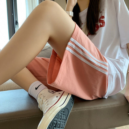 Striped Summer Shorts Elastic Waist Soft Terylene Fabric Sports Wear for Unisex - Pink