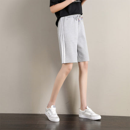 Striped Summer Shorts Elastic Waist Soft Terylene Fabric Sports Wear for Unisex - Gray