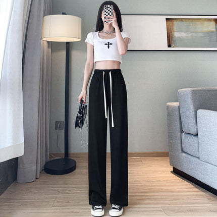 Stylish String Closure Loose Straight Trousers Casual Cocktail Outdoor &amp; Summer Wear For Girls - Black