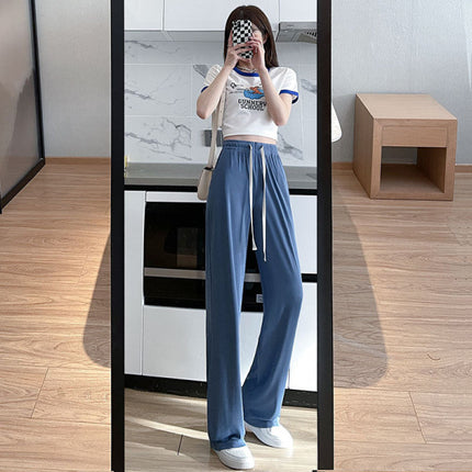 Stylish String Closure Loose Straight Trousers Casual Cocktail Outdoor &amp; Summer Wear For Girls - Blue