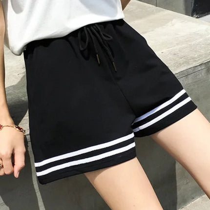 Striped Elastic Waist Women's Casual Soft Fabric Loose Fit Sports Wear Shorts - Black