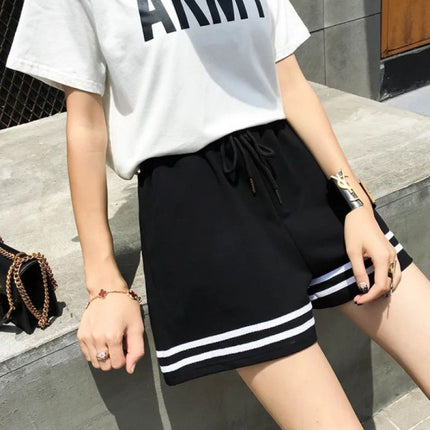 Striped Elastic Waist Women's Casual Soft Fabric Loose Fit Sports Wear Shorts - Black