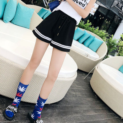 Striped Elastic Waist Women's Casual Soft Fabric Loose Fit Sports Wear Shorts - Black