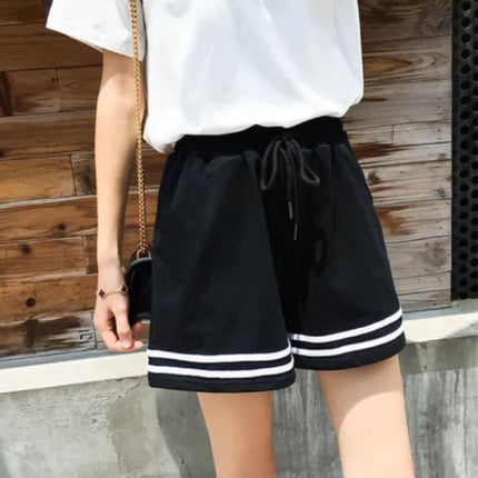 Striped Elastic Waist Women's Casual Soft Fabric Loose Fit Sports Wear Shorts - Black