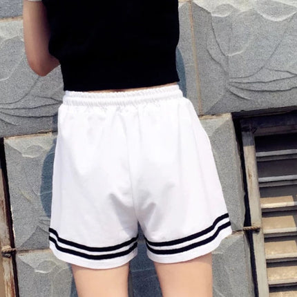 Striped Elastic Waist Women's Casual Soft Fabric Loose Fit Sports Wear Shorts - White