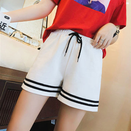 Striped Elastic Waist Women's Casual Soft Fabric Loose Fit Sports Wear Shorts - White