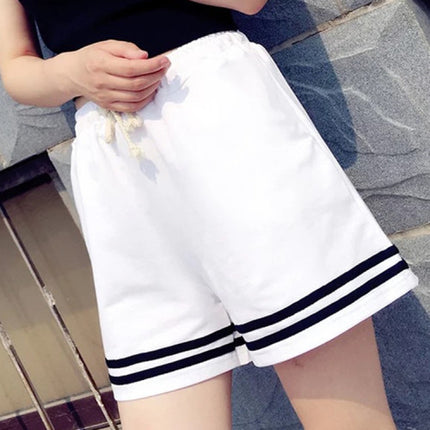 Striped Elastic Waist Women's Casual Soft Fabric Loose Fit Sports Wear Shorts - White