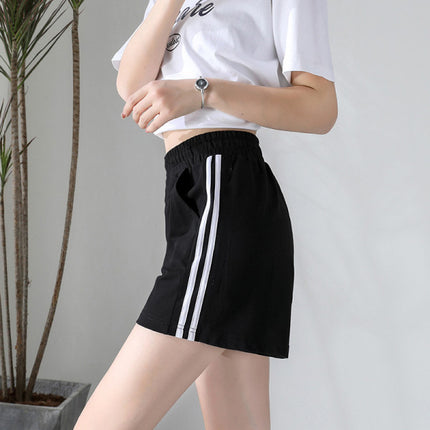 Soft &amp; Stylish Striped Elastic Waist Shorts Casual Summer Fashion Cotton Blend Shorts - Black