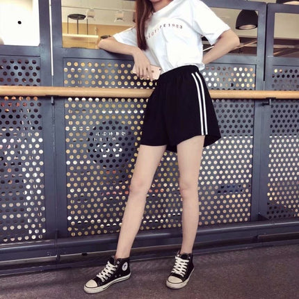 Soft &amp; Stylish Striped Elastic Waist Shorts Casual Summer Fashion Cotton Blend Shorts - Black