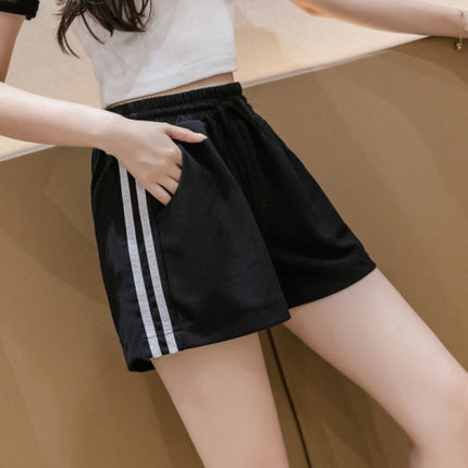 Soft &amp; Stylish Striped Elastic Waist Shorts Casual Summer Fashion Cotton Blend Shorts - Black