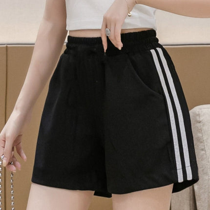 Soft &amp; Stylish Striped Elastic Waist Shorts Casual Summer Fashion Cotton Blend Shorts - Black