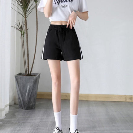 Soft &amp; Stylish Striped Elastic Waist Shorts Casual Summer Fashion Cotton Blend Shorts - Black