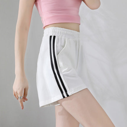 Soft &amp; Stylish Striped Elastic Waist Shorts Casual Summer Fashion Cotton Blend Shorts - White