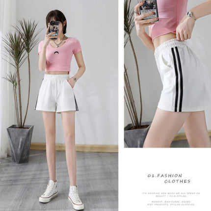 Soft &amp; Stylish Striped Elastic Waist Shorts Casual Summer Fashion Cotton Blend Shorts - White