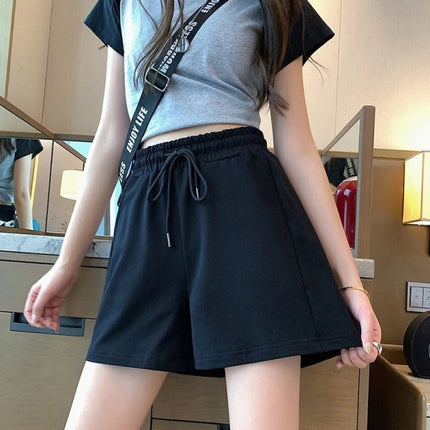 Elastic Waist Loose Fit String Closure Casual and Fashionable Cotton Blend Shorts -  Black