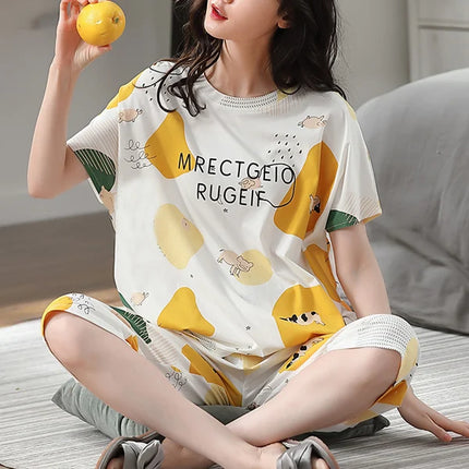 Cozy Night Duo Yellow Alphabetic Print Pajama Set for Women Midi Length Round Neck Short Sleeves Soft Terylene &amp; Cotton Blend Fabric