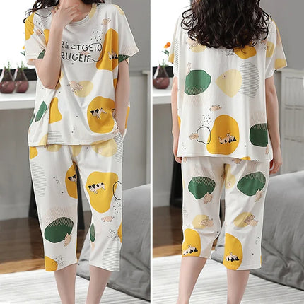 Cozy Night Duo Yellow Alphabetic Print Pajama Set for Women Midi Length Round Neck Short Sleeves Soft Terylene &amp; Cotton Blend Fabric