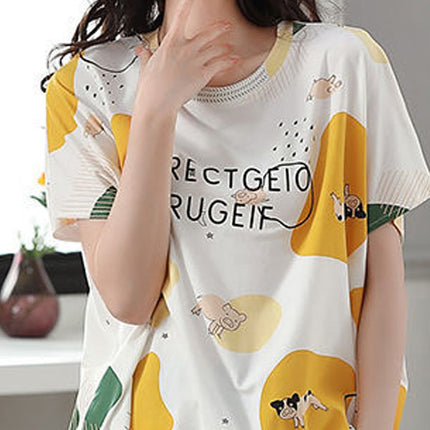 Cozy Night Duo Yellow Alphabetic Print Pajama Set for Women Midi Length Round Neck Short Sleeves Soft Terylene &amp; Cotton Blend Fabric