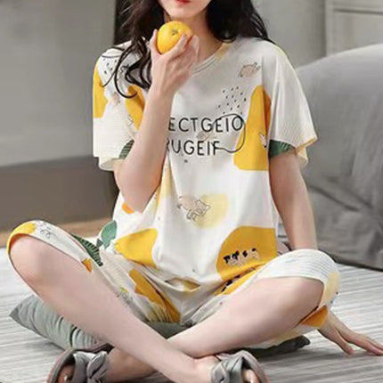 Cozy Night Duo Yellow Alphabetic Print Pajama Set for Women Midi Length Round Neck Short Sleeves Soft Terylene &amp; Cotton Blend Fabric