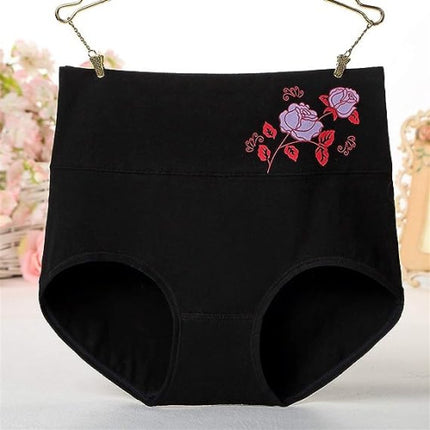 High Elastic Waist Floral Print Girls Panty Brief Women Undergarments Soft Fabric Underwear - Black