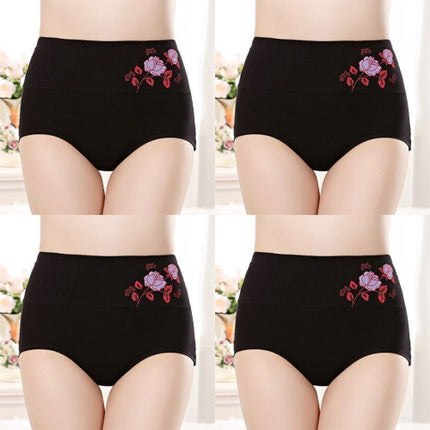 High Elastic Waist Floral Print Girls Panty Brief Women Undergarments Soft Fabric Underwear - Black