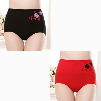 High Elastic Waist Floral Print Girls Panty Brief Women Undergarments Soft Fabric Underwear - Red