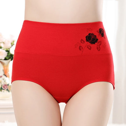 High Elastic Waist Floral Print Girls Panty Brief Women Undergarments Soft Fabric Underwear - Red