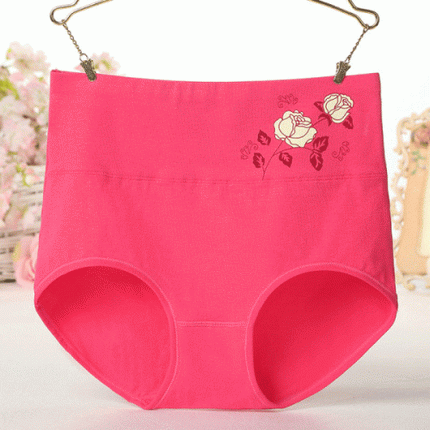 High Elastic Waist Floral Print Girls Panty Brief Women Undergarments Soft Fabric Underwear - Hot Pink