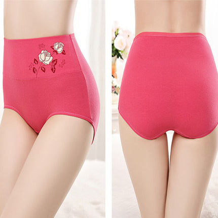 High Elastic Waist Floral Print Girls Panty Brief Women Undergarments Soft Fabric Underwear - Hot Pink