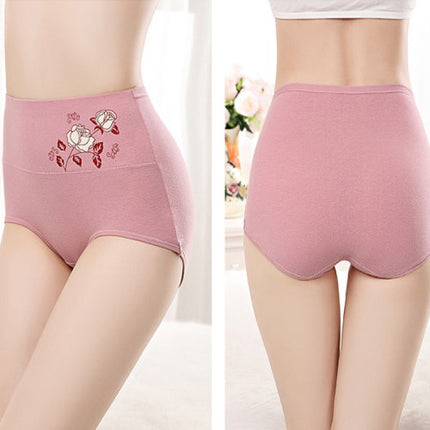 High Elastic Waist Floral Print Girls Panty Brief Women Undergarments Soft Fabric Underwear - Pink