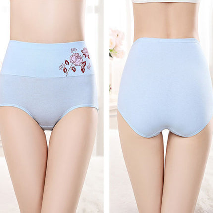 High Elastic Waist Floral Print Girls Panty Brief Women Undergarments Soft Fabric Underwear - Sky Blue