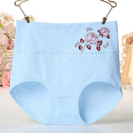 High Elastic Waist Floral Print Girls Panty Brief Women Undergarments Soft Fabric Underwear - Sky Blue