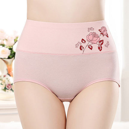 High Elastic Waist Floral Print Girls Panty Brief Women Undergarments Soft Fabric Underwear - Light Pink