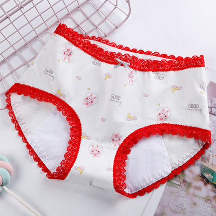 Printed Women Underwear High Waist Elastic Undergarments Lace Patched Breathable Soft Fabric Panty - White Red