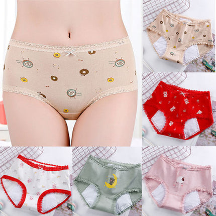 Printed Women Underwear High Waist Elastic Undergarments Lace Patched Breathable Soft Fabric Panty - White Red