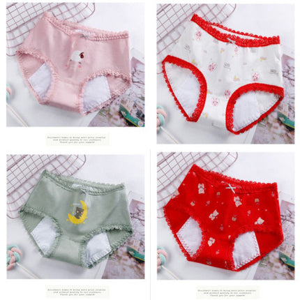 Printed Women Underwear High Waist Elastic Undergarments Lace Patched Breathable Soft Fabric Panty - White Red