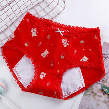 Printed Women Underwear High Waist Elastic Undergarments Lace Patched Breathable Soft Fabric Panty - Red