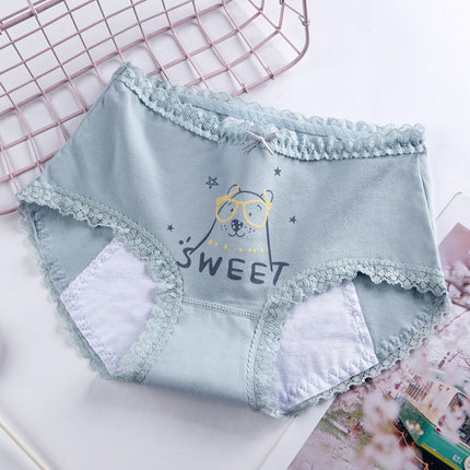 Printed Women Underwear High Waist Elastic Undergarments Lace Patched Breathable Soft Fabric Panty - Light Blue