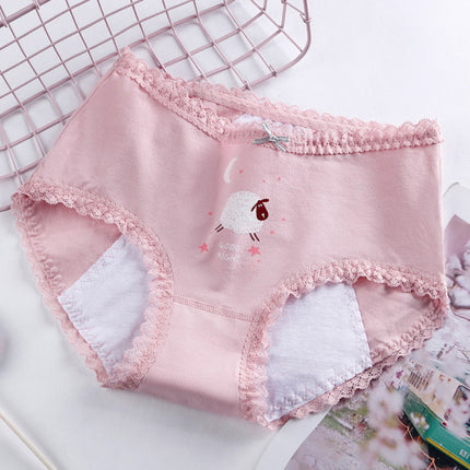 Printed Women Underwear High Waist Elastic Undergarments Lace Patched Breathable Soft Fabric Panty - Light Pink