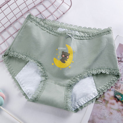 Printed Women Underwear High Waist Elastic Undergarments Lace Patched Breathable Soft Fabric Panty - Light Green