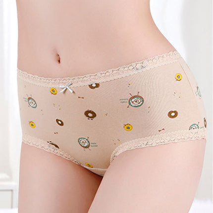 Printed Women Underwear High Waist Elastic Undergarments Lace Patched Breathable Soft Fabric Panty - Multi Color