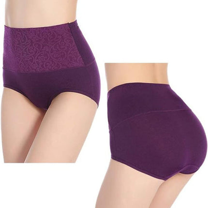 Floral Embossed Print High Elastic Waist Underwear Women Summer Wear Inner Soft Comfy Fabric Women's Panty - Purple