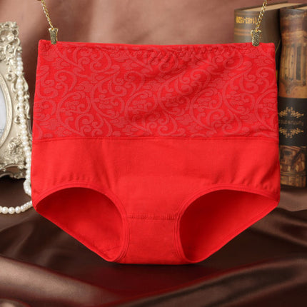 Floral Embossed Print High Elastic Waist Underwear Women Summer Wear Inner Soft Comfy Fabric Women's Panty - Red