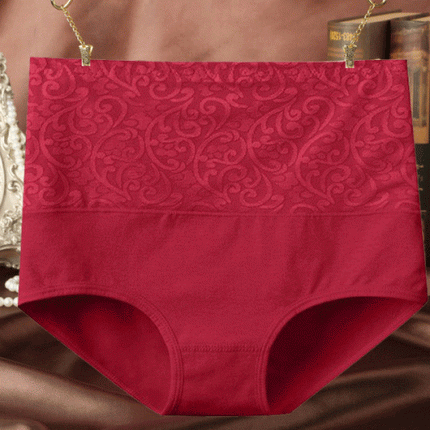 Floral Embossed Print High Elastic Waist Underwear Women Summer Wear Inner Soft Comfy Fabric Women's Panty - Wine Red