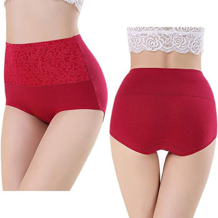 Floral Embossed Print High Elastic Waist Underwear Women Summer Wear Inner Soft Comfy Fabric Women's Panty - Wine Red