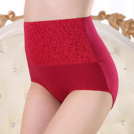 Floral Embossed Print High Elastic Waist Underwear Women Summer Wear Inner Soft Comfy Fabric Women's Panty - Wine Red