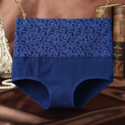 Floral Embossed Print High Elastic Waist Underwear Women Summer Wear Inner Soft Comfy Fabric Women's Panty - Dark Blue